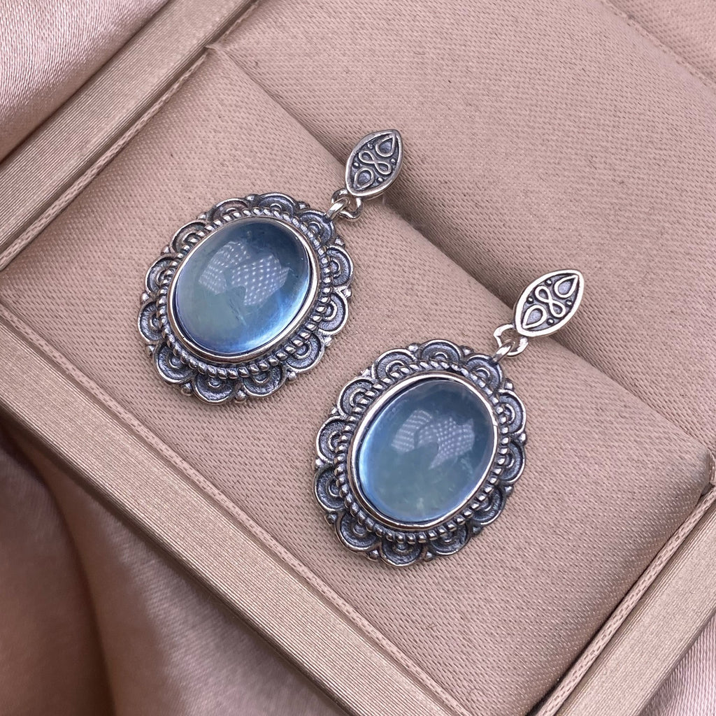 S925 Silver Inlaid Vintage Silver Jewelry Delicate Aquamarine Earrings