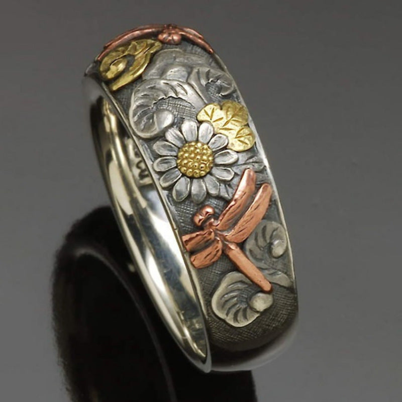 Retro Carved Sunflower And Dragonfly Ring