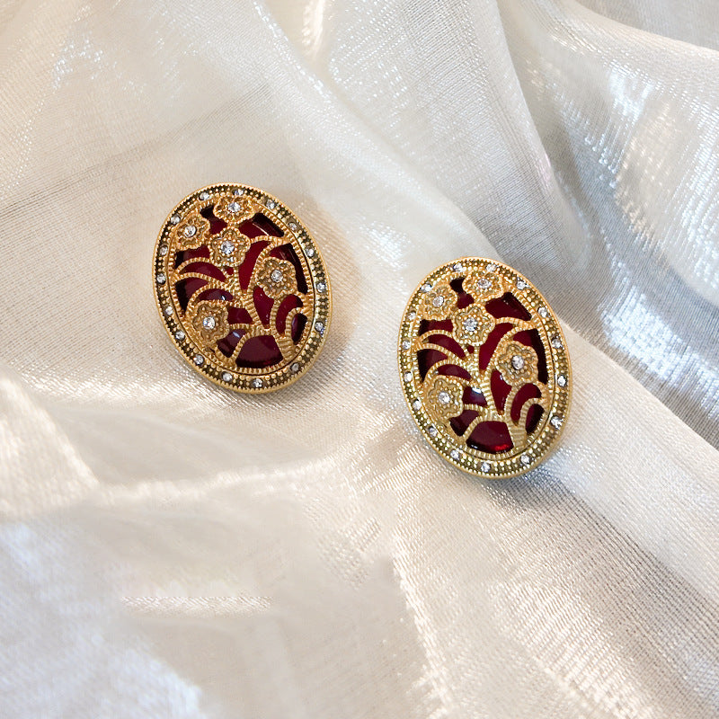 Retro Luxury Flower Hollow Design With Glass Inlaid Earrings