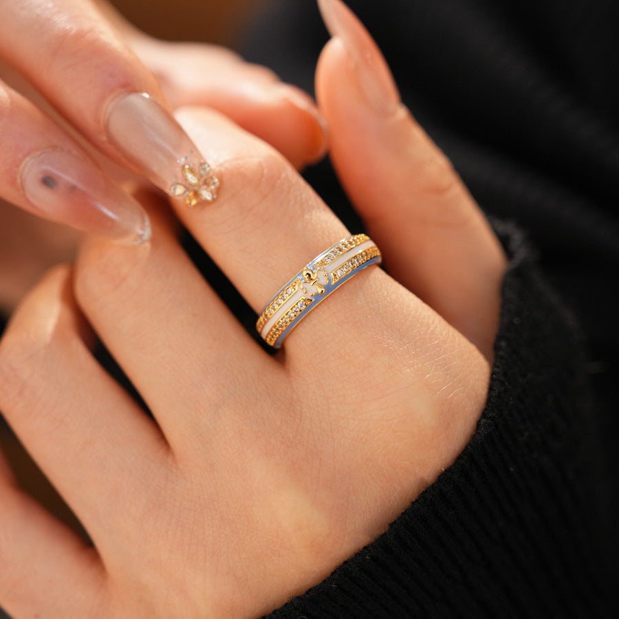 18K Gold Plated Open Ring With Cubic Zirconia Enamel Adjustable Wide Band Statement Ring For Women