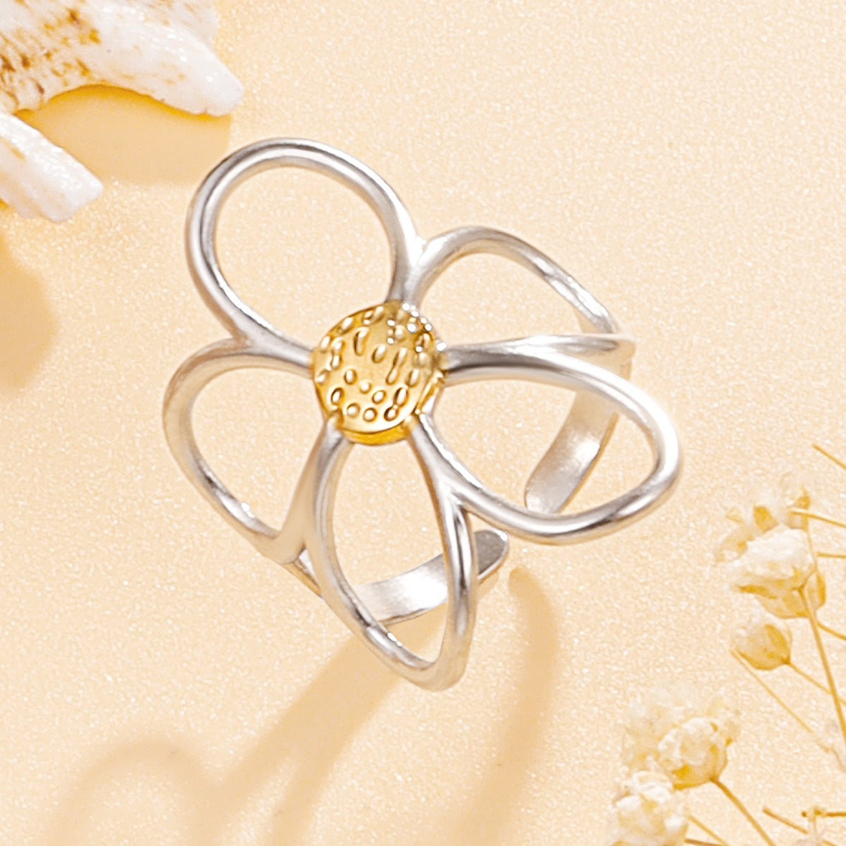 Stylish Versatile Hollow Flower Open Stainless Steel Ring