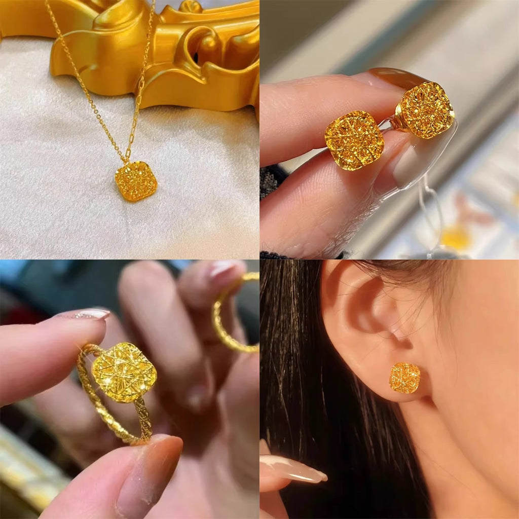 Sugar Cube Filigree Hollow Out Necklace Earrings And Ring Set Asymmetric Design