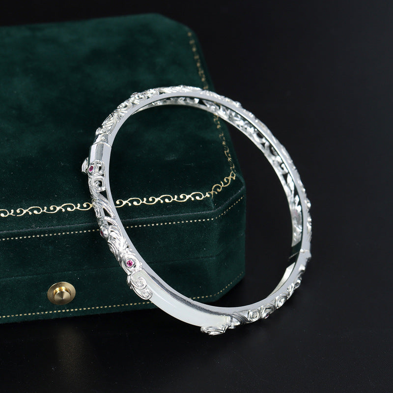 Traditional Handcrafted Gold- And Silver-Thread Filigree Hollowed Hetian Jade Bracelet For Women
