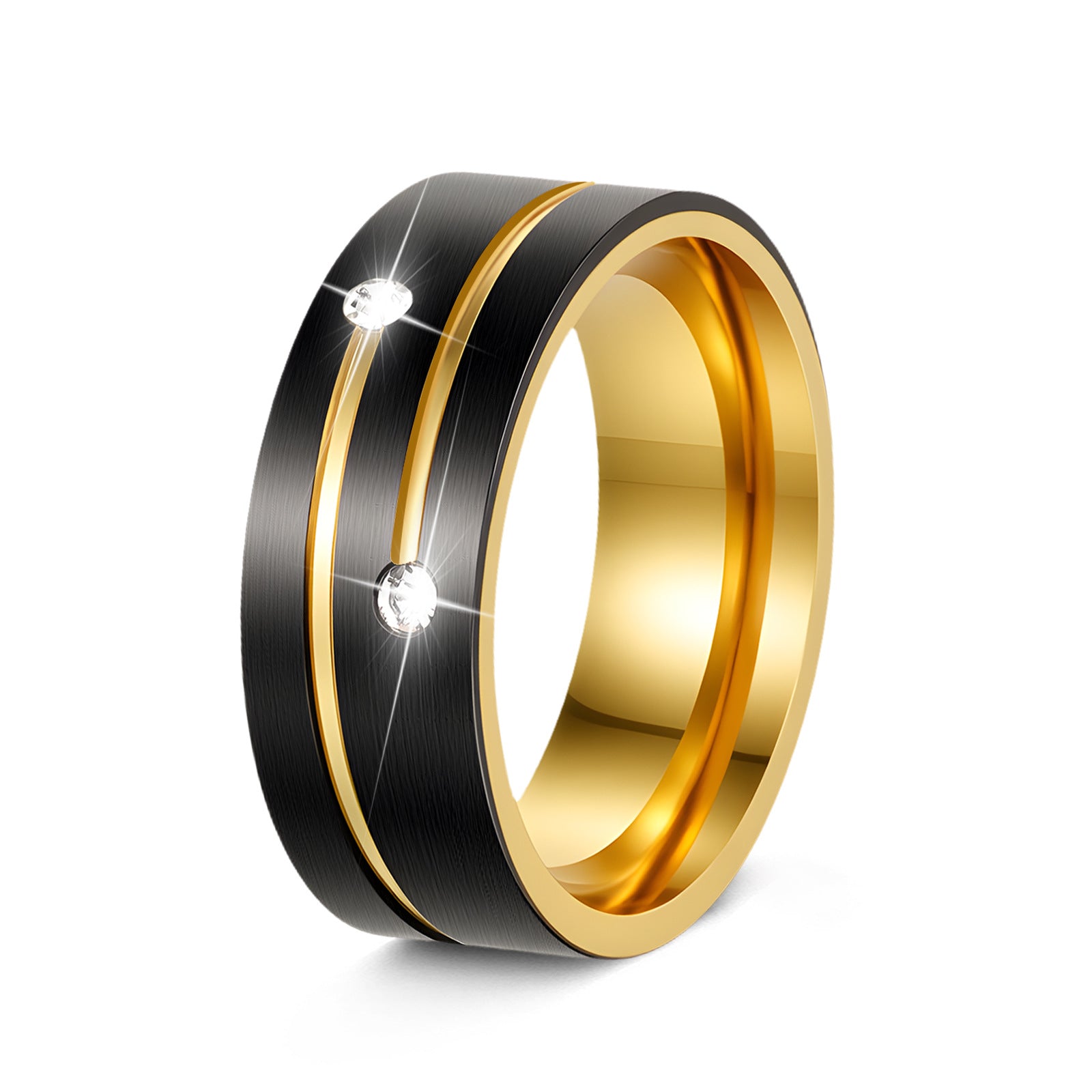 8mm Electroplated Two-Tone Black And Gold Diamond-Inlaid Unisex Titanium Steel Ring