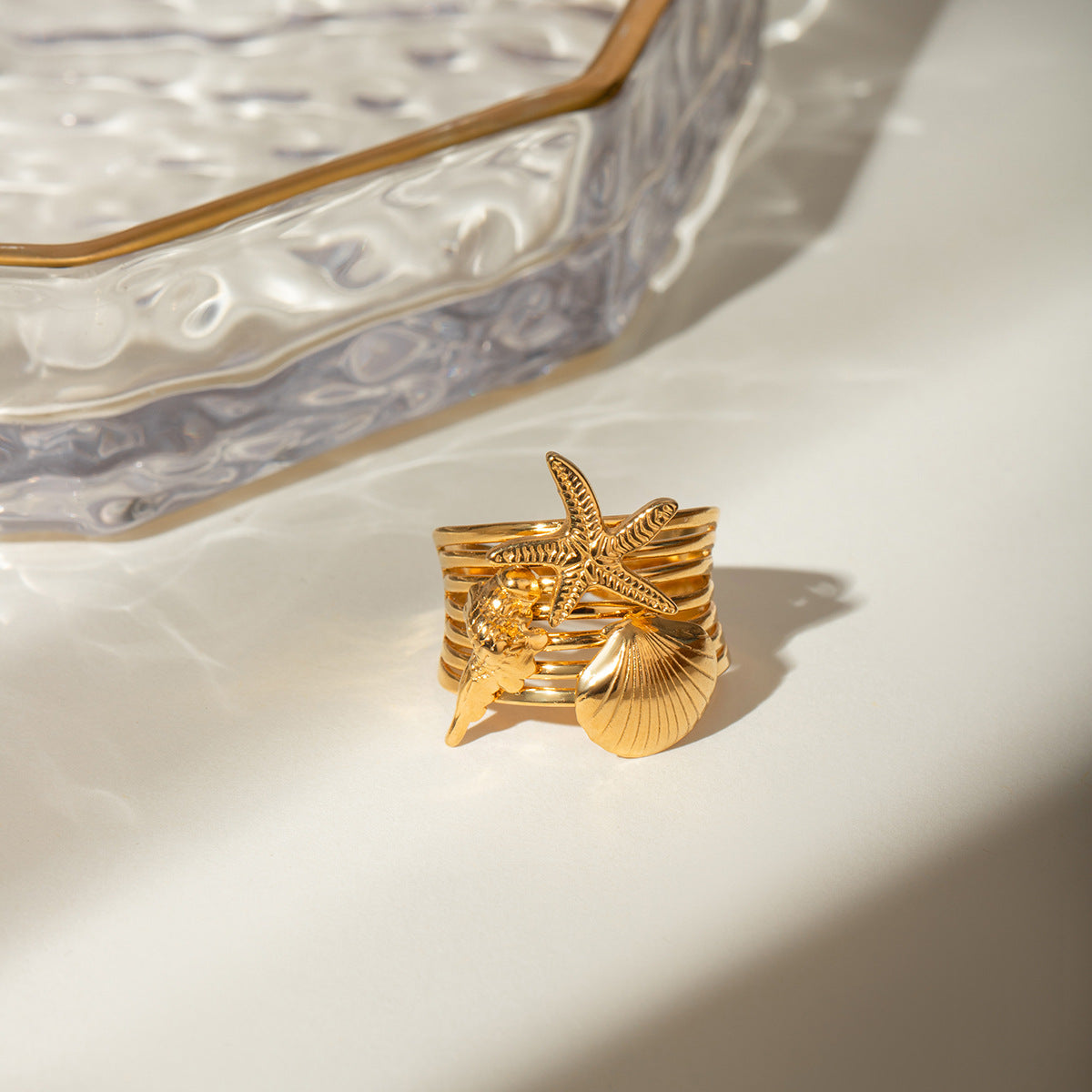 18k Gold Stainless Steel Starfish Conch Shell Open Ring