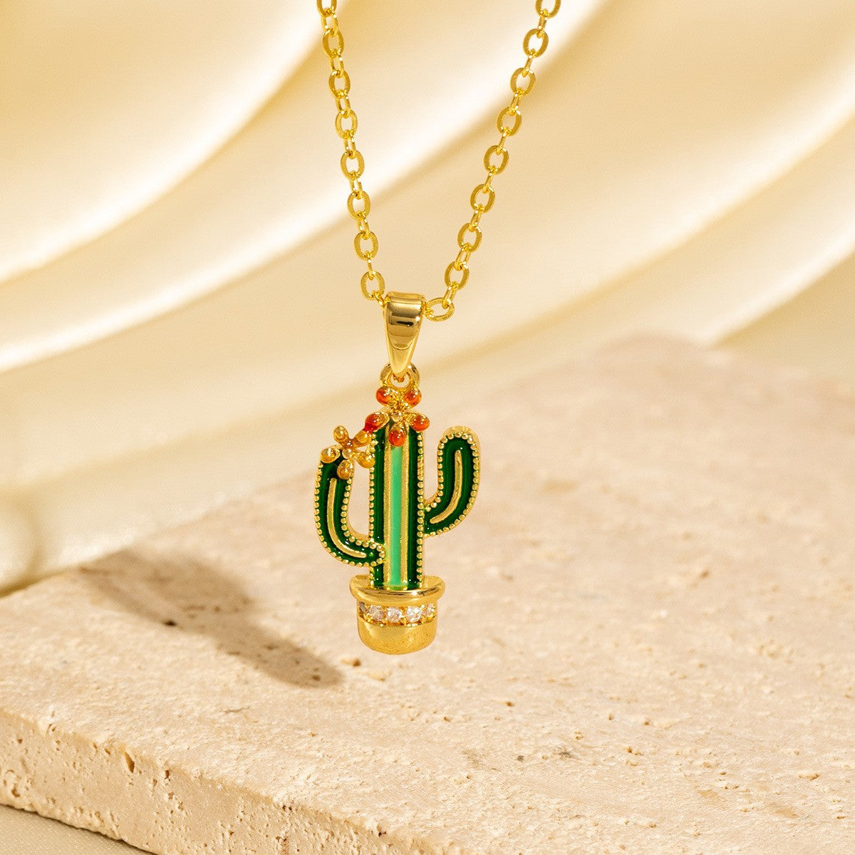 Micro-painted Zircon Droplet Niche Plant Pendant Cactus Necklace