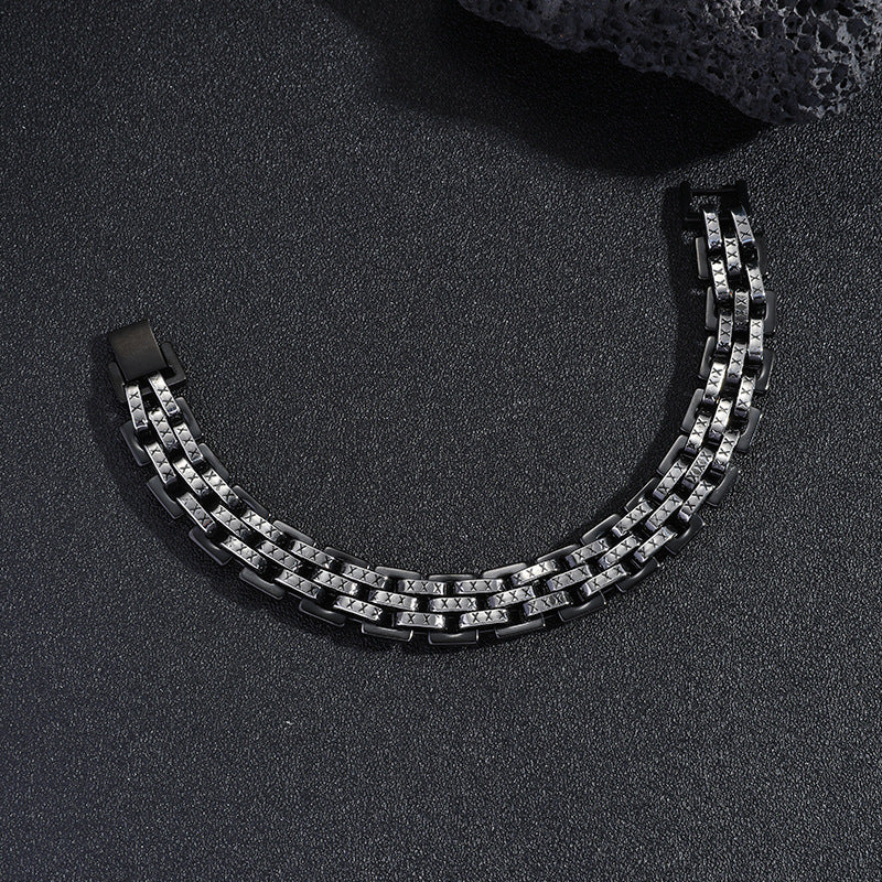 Mens Titanium Steel Flat Triple-Row Watch Strap Bracelet