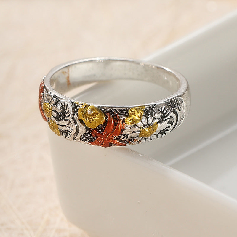 Retro Carved Sunflower And Dragonfly Ring