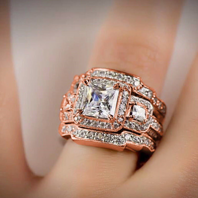 European And American-style Zircon Three-layer Ultra-shiny Square Mosaic Ring For Women