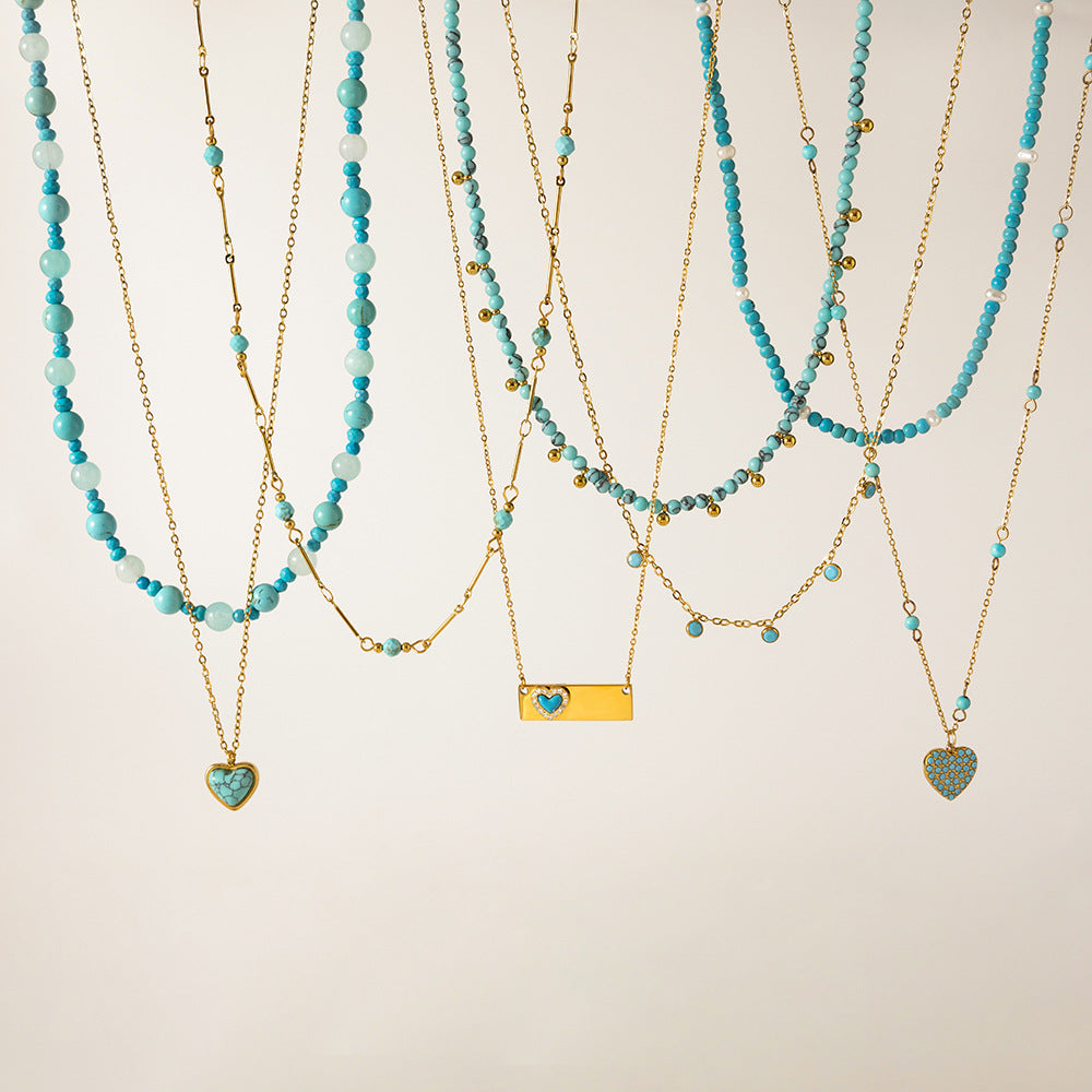 European And American Blue Turquoise Stainless Steel Necklace Set