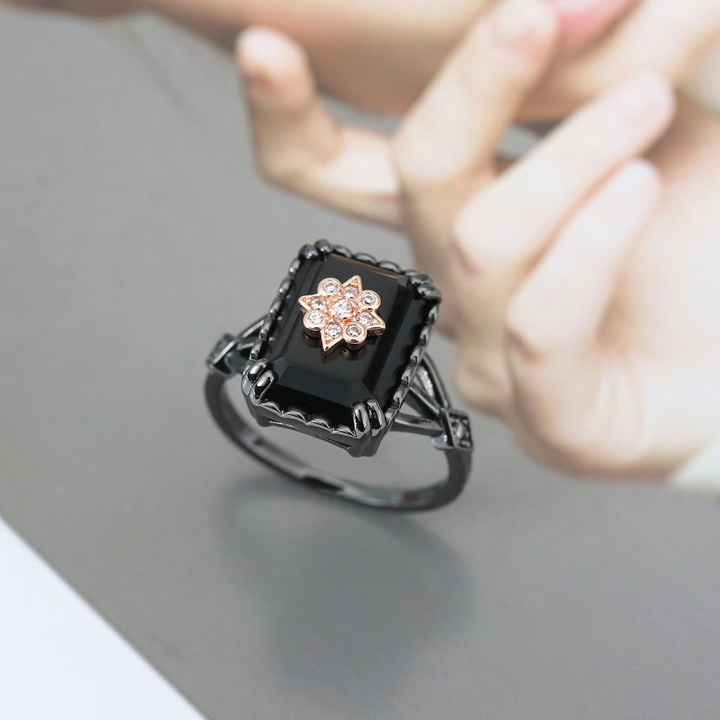Square Black Onyx Ring With Diamond-encrusted Flower Design