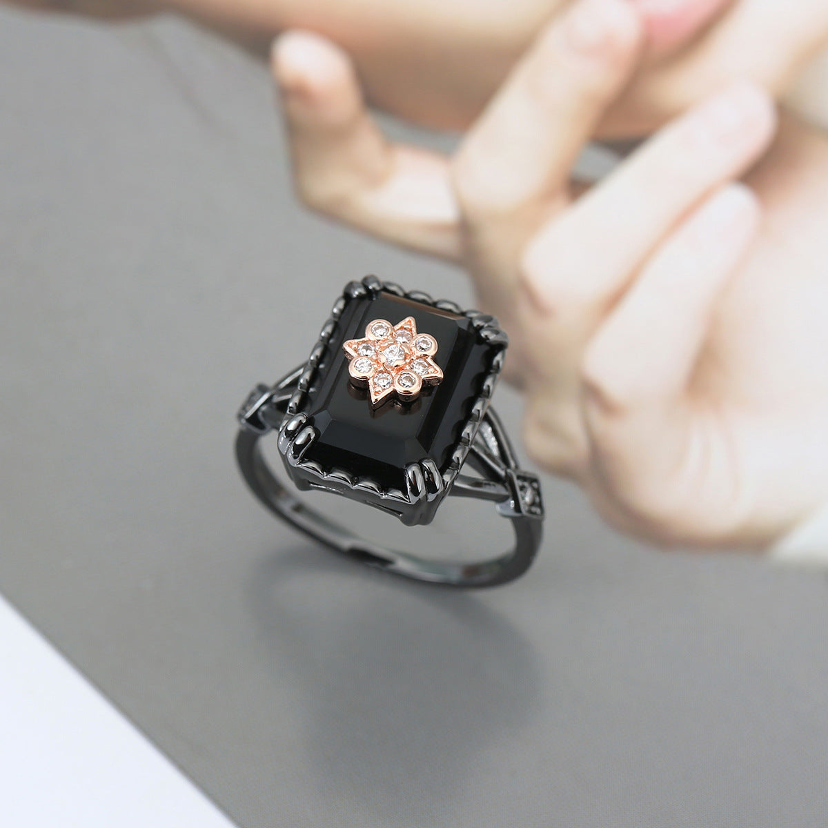 Square Black Onyx Ring With Diamond-encrusted Flower Design