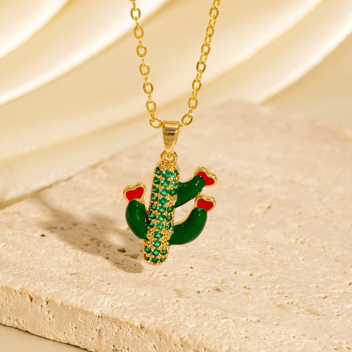 Micro-painted Zircon Droplet Niche Plant Pendant Cactus Necklace