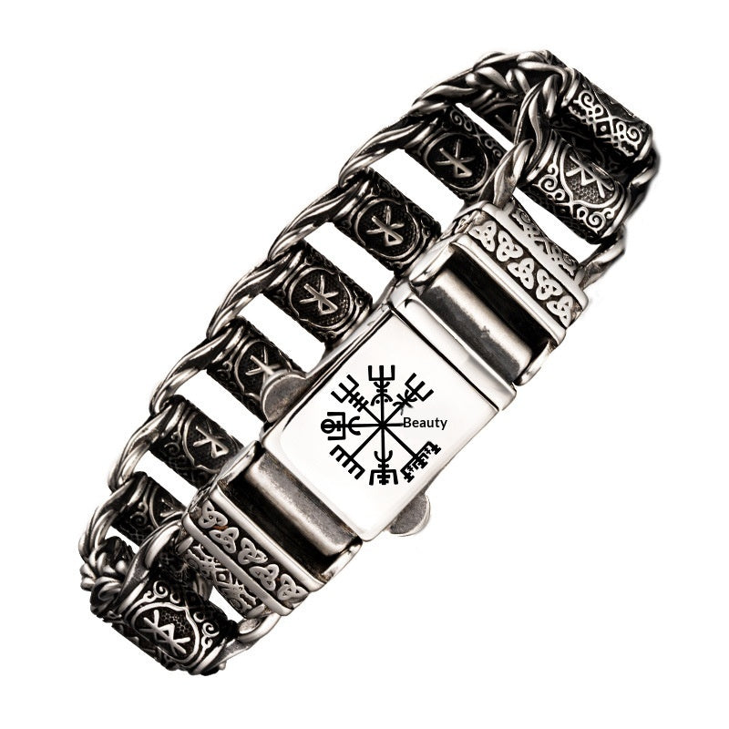 Nordic Viking Rune Compass Totem Titanium Steel Bracelet