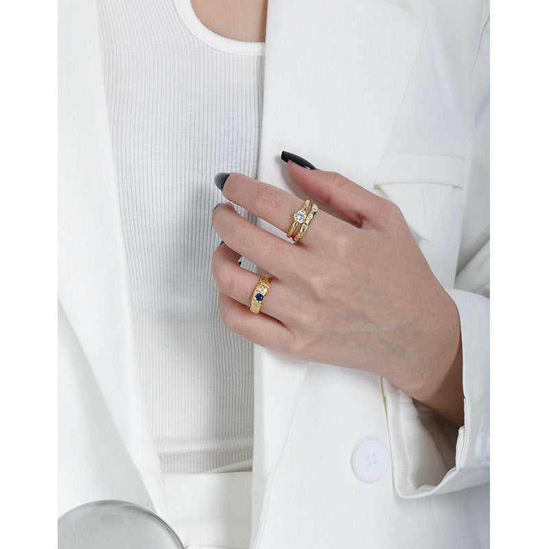Ins Micro-pave Zircon Textured Sterling Silver Ring For Women