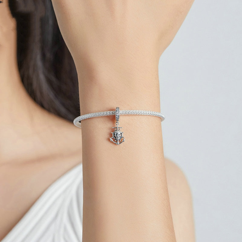 S925 Silver Skull Pirate Ship Pendant Diy Bracelet String Beads