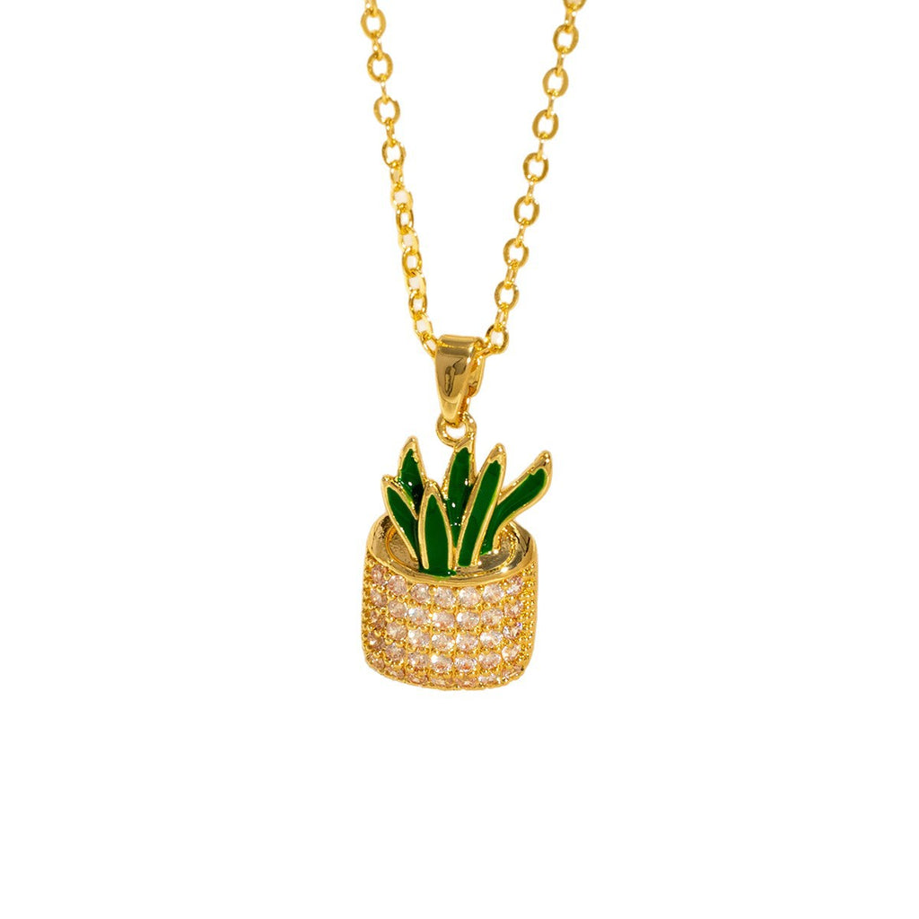 Micro-painted Zircon Droplet Niche Plant Pendant Cactus Necklace