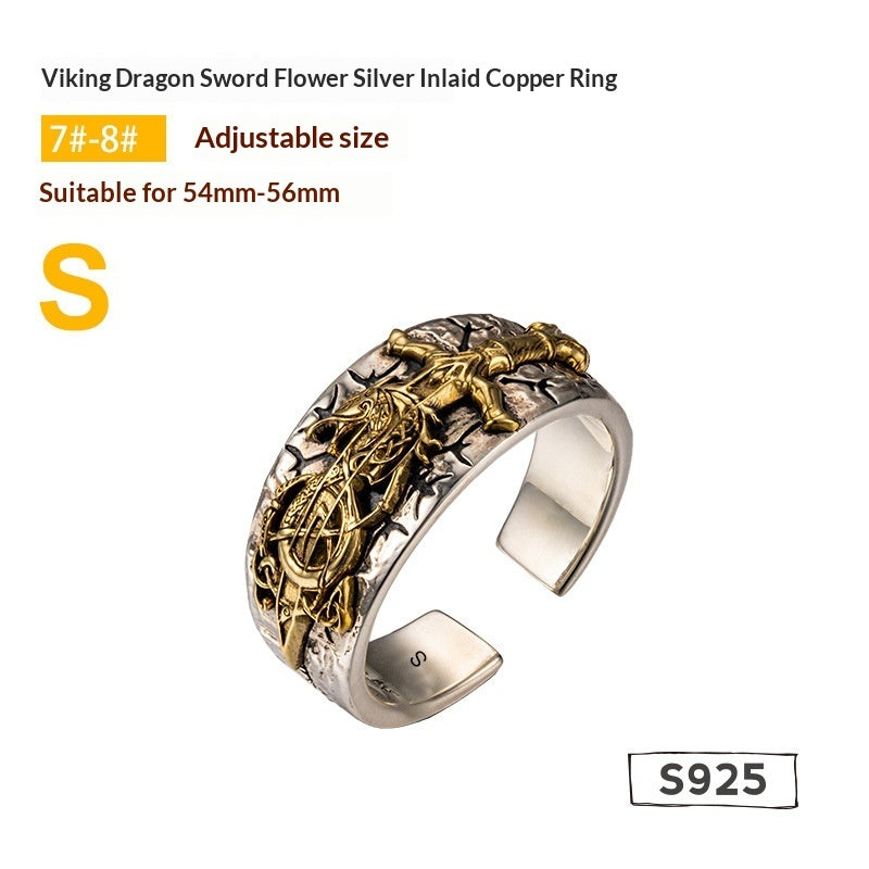 Dragon Sword Flower Viking Silver Ring Trendy