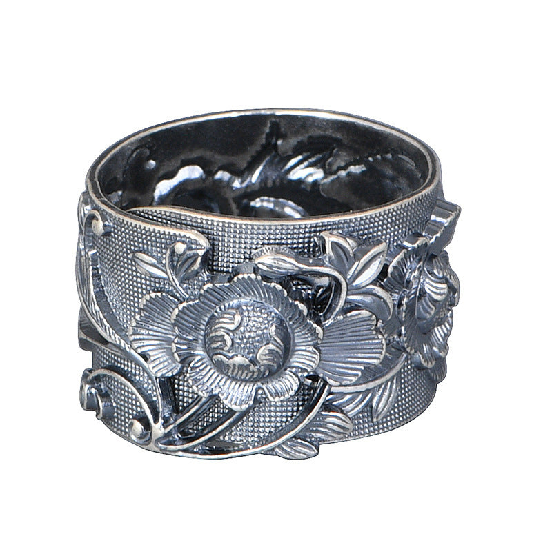 Womens Peony Flower With Open Design Embossed Retro Four-Leaf Clover Silver Band Ring