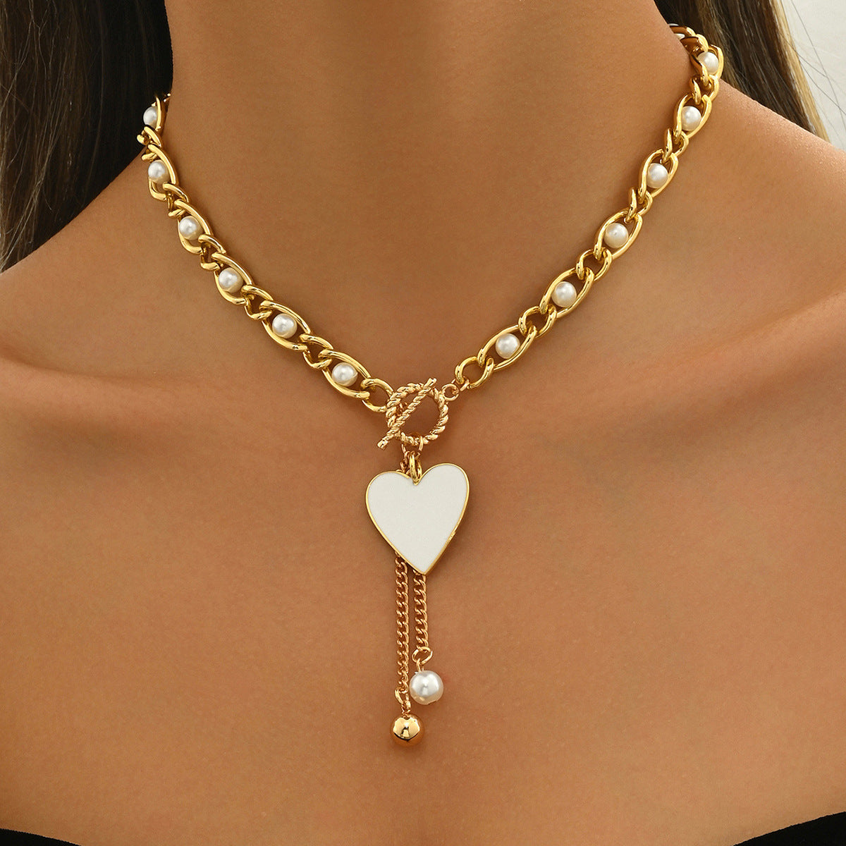 Pearl Alloy Heart-Shaped Fashion Pendant Necklace