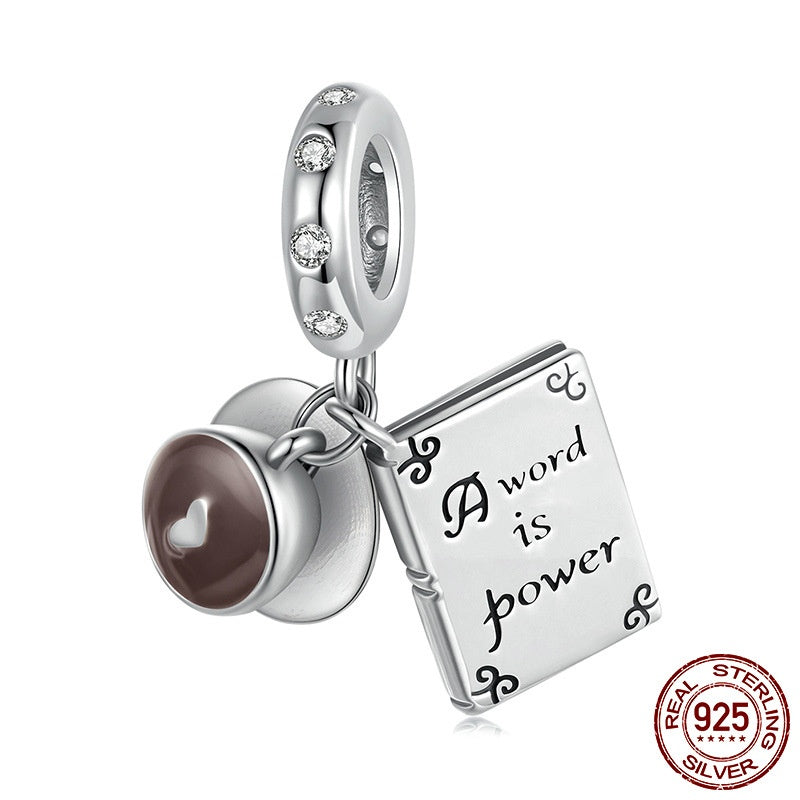 Coffee & Book Pendant S925 Sterling Silver Scattered Beads