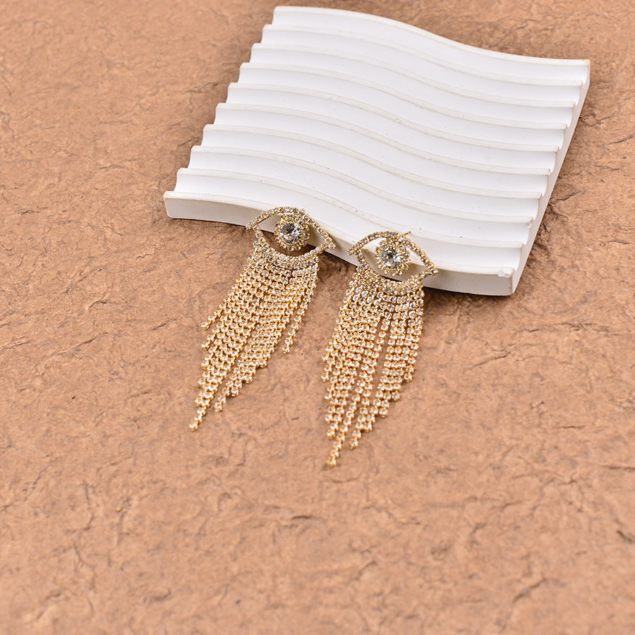 Korean-style Full-diamond Long Tassel Earrings With Round Diamonds