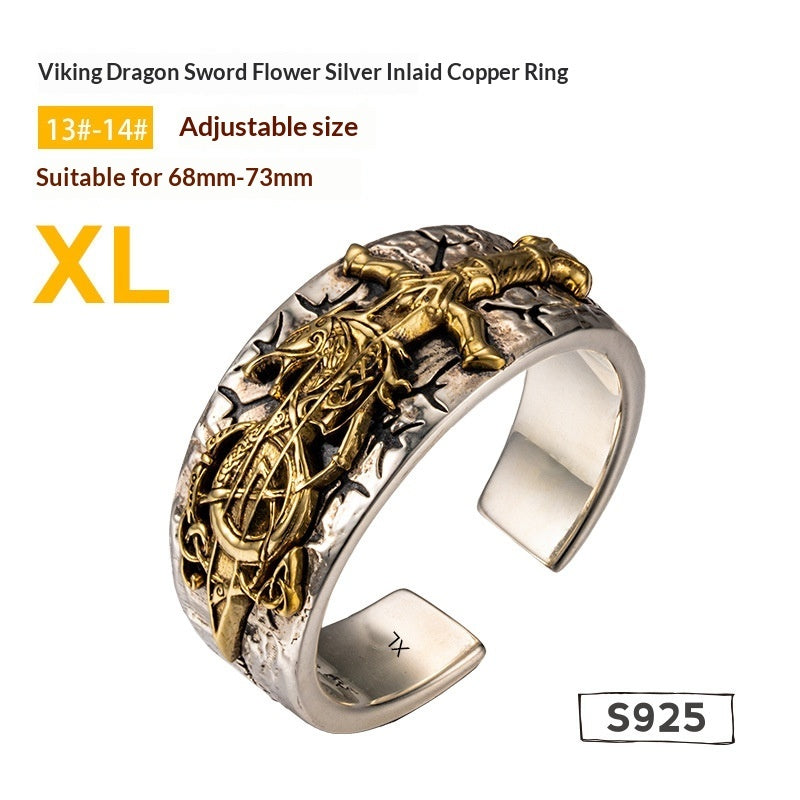 Dragon Sword Flower Viking Silver Ring Trendy