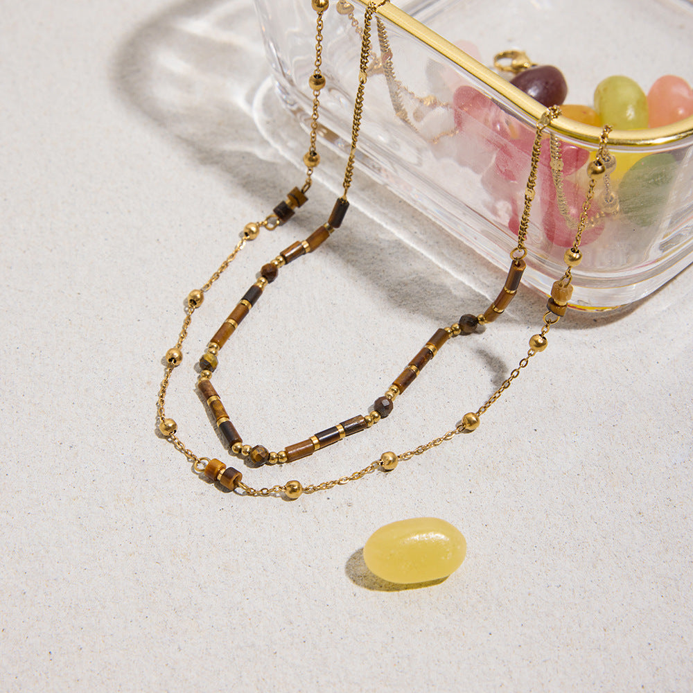 Vintage Tigers Eye Necklace For Women With Double-Layer Beads