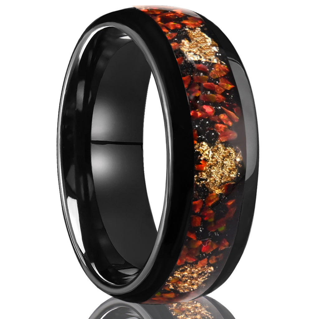 Black-inlaid Red Opal Gold-leaf Ring