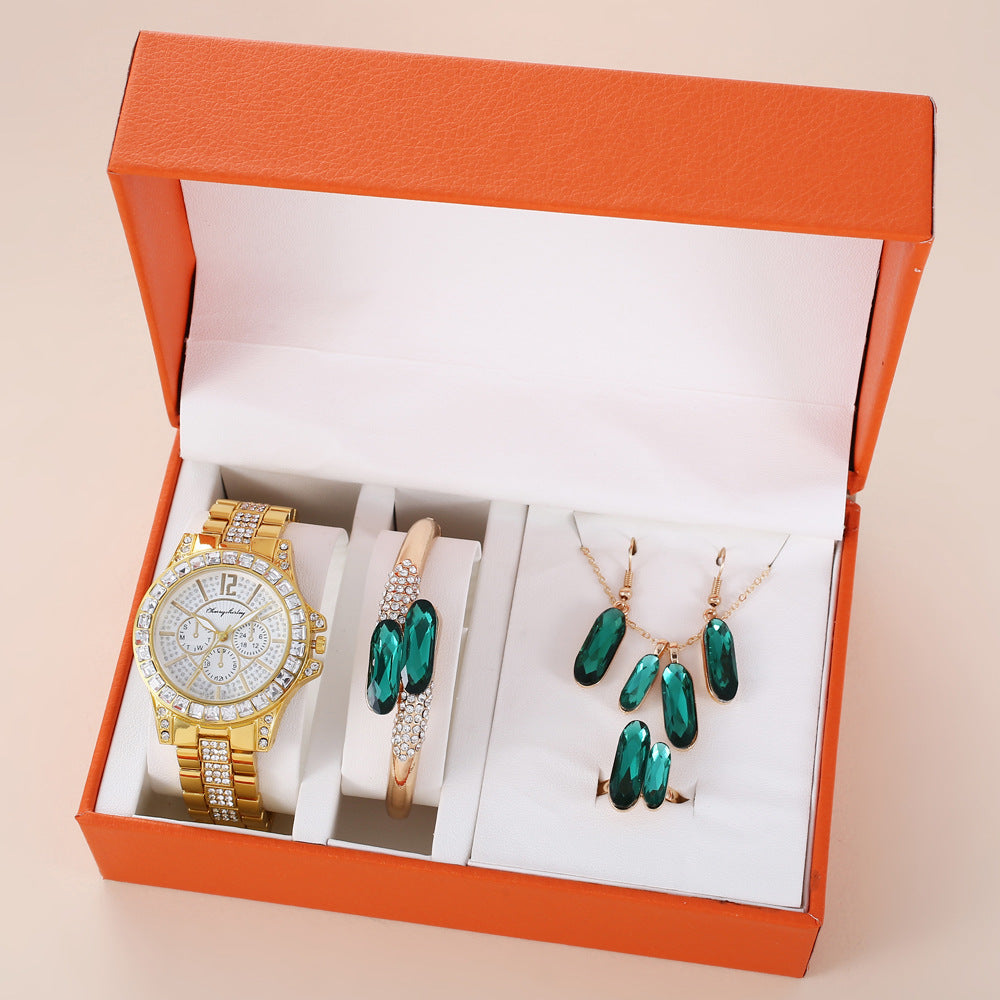 Green Steel Belt Quartz Watch Ring Necklace Earrings Suit