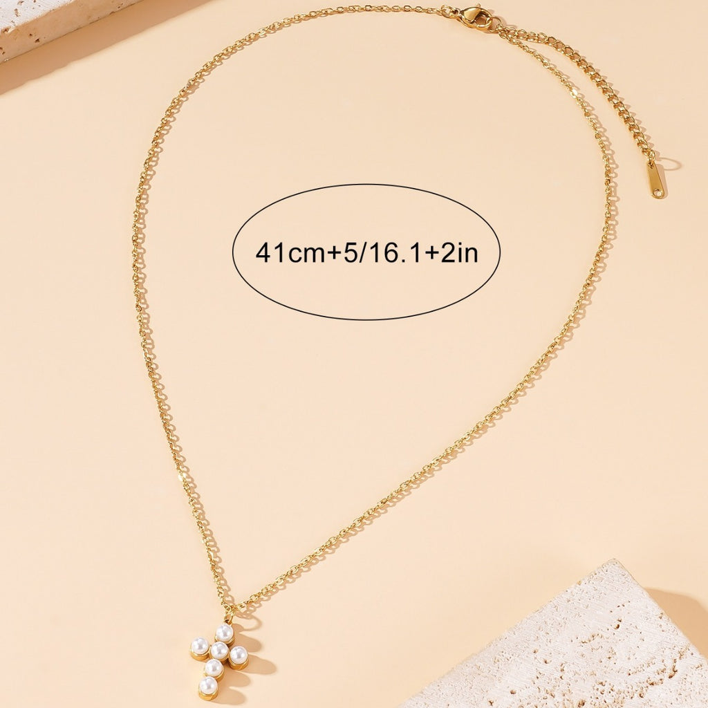 Womens Luxe Elegant Cross Pearl Necklace