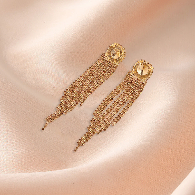 Korean-style Full-diamond Long Tassel Earrings With Round Diamonds
