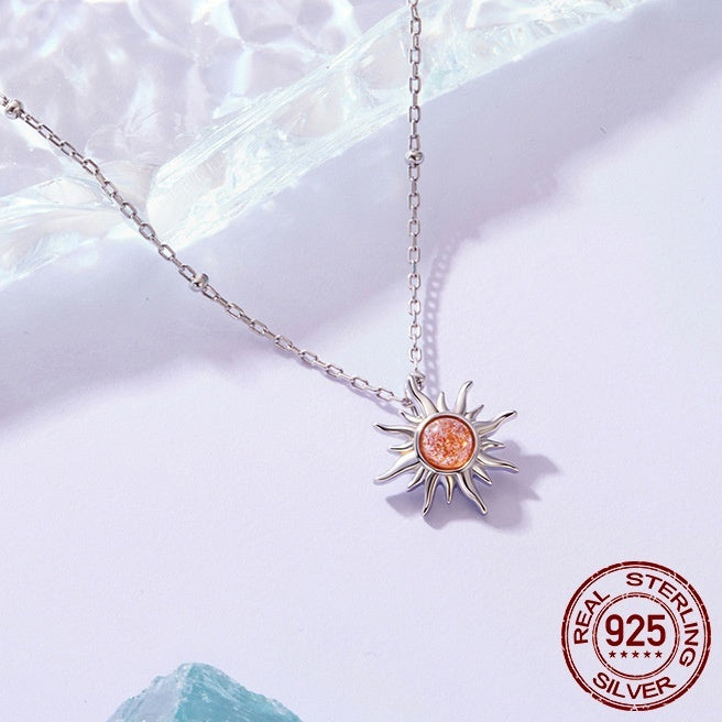 S925 Sterling Silver Sun Men's And Women's Light Sunstone Lucky Necklace Clavicle Chain
