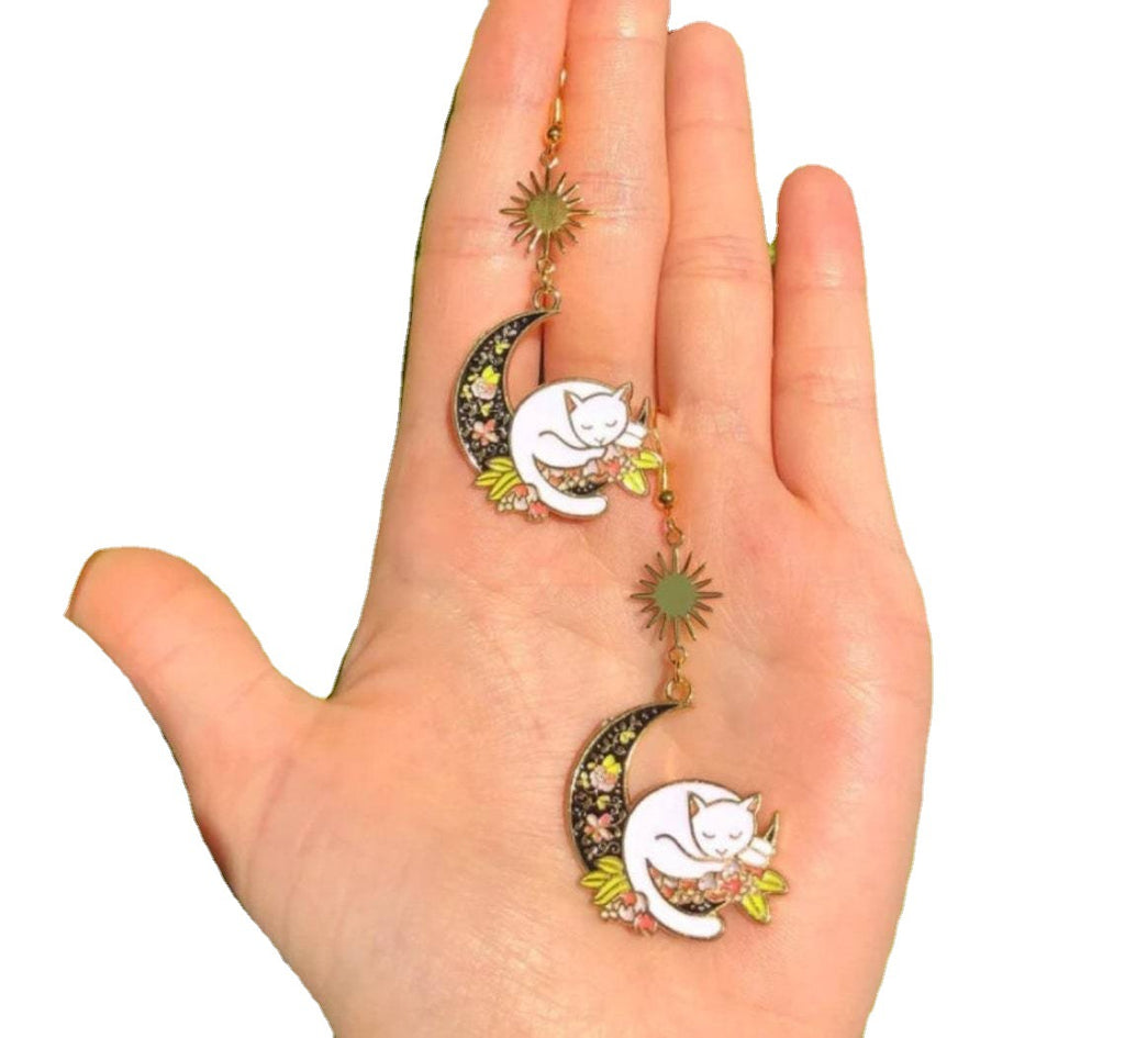Bohemian-style Cat Earrings With A Moon Design
