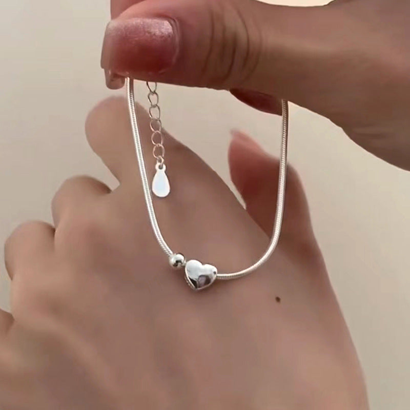 Pure Silver Minimalist Heart-shaped Bracelet For Women
