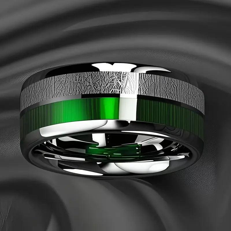 Men's 8mm Stainless Steel Ring Inlaid With Green Marble