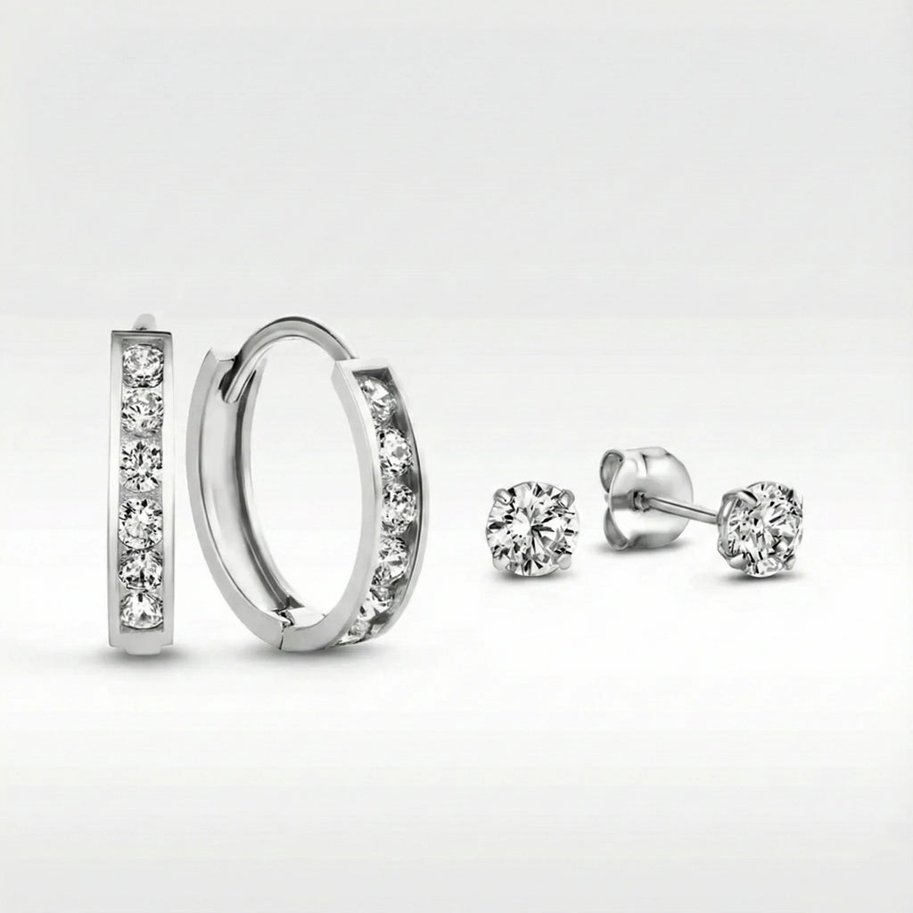 Copper-inlaid Zircon Stud Earring Hoop Set