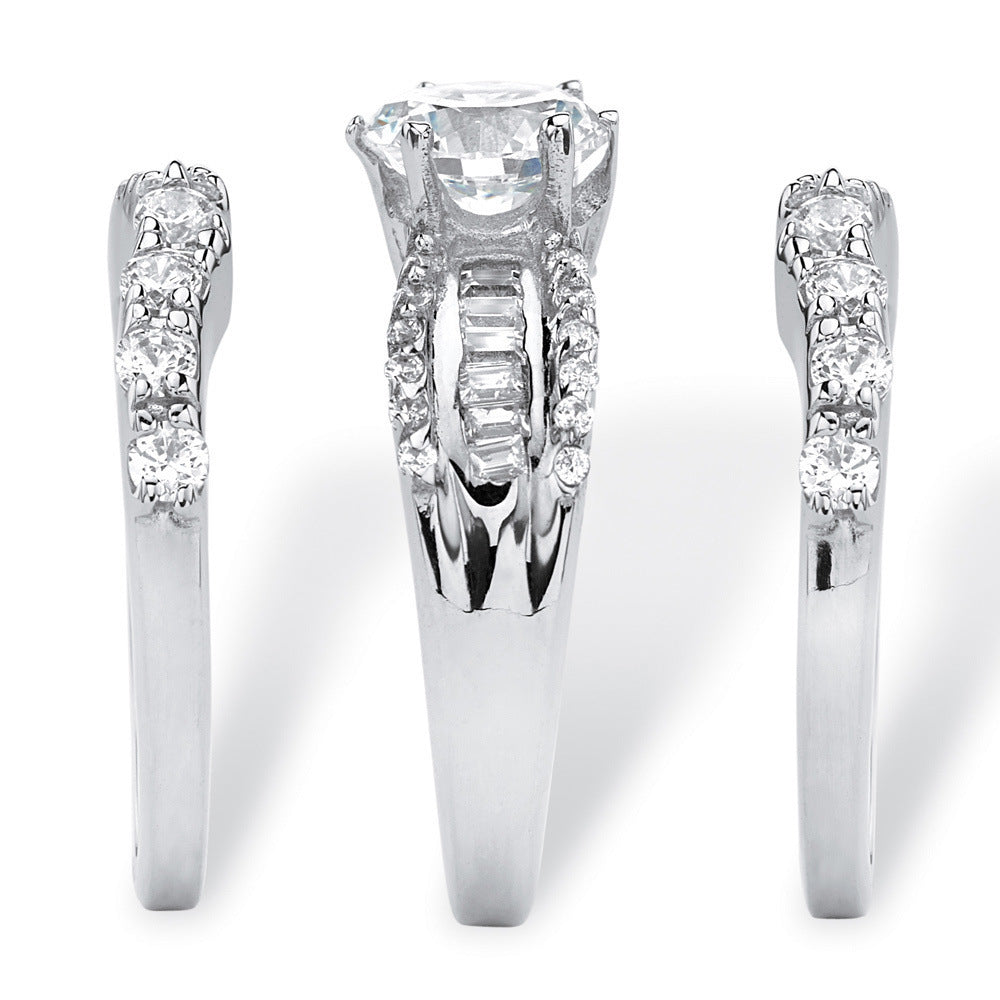 18k Gold-plated Three-piece Simulated Diamond Engagement Ring Set With Zircon Inlays