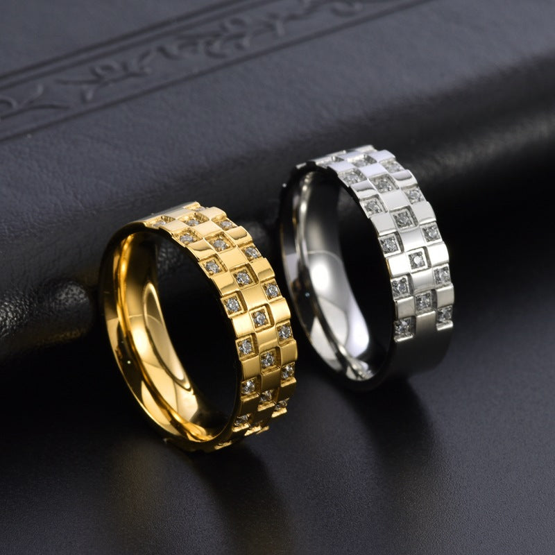 Neutral-style Titanium Steel Ring With A Checkered Zircon Inlay