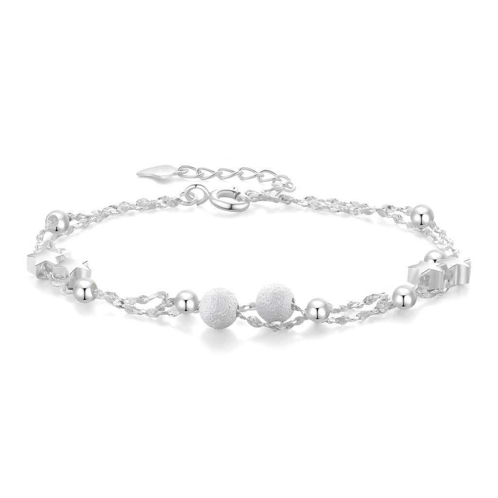 999 Fine Silver Matte Ball Double-Layer Sterling Silver Bracelet For Women