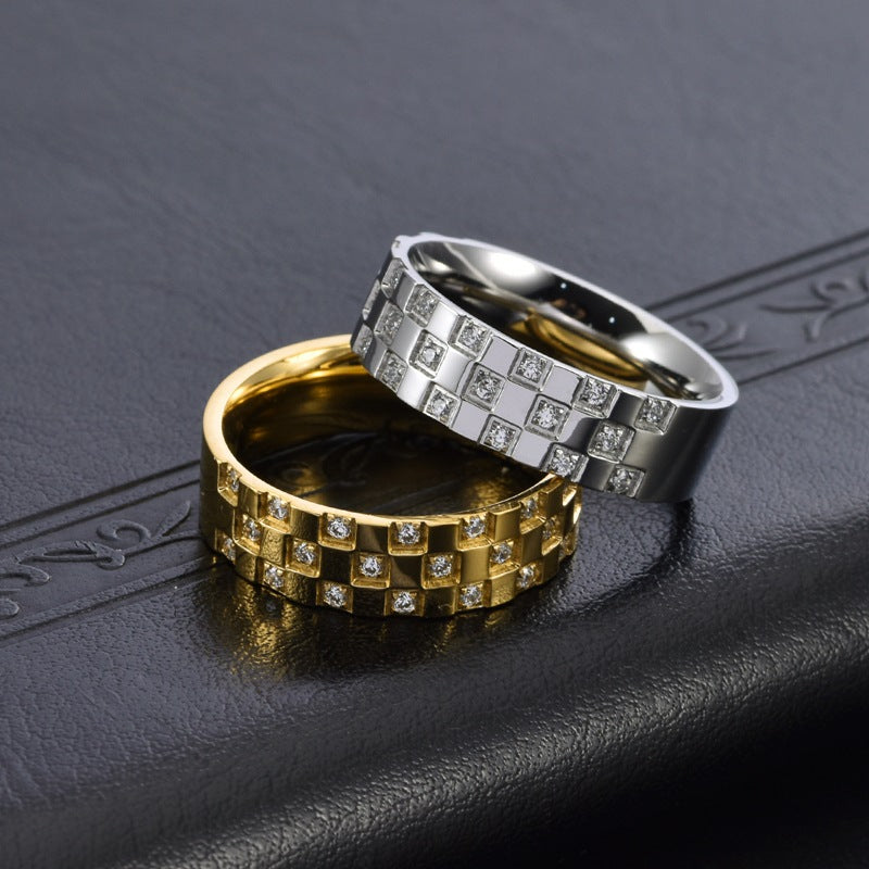 Neutral-style Titanium Steel Ring With A Checkered Zircon Inlay