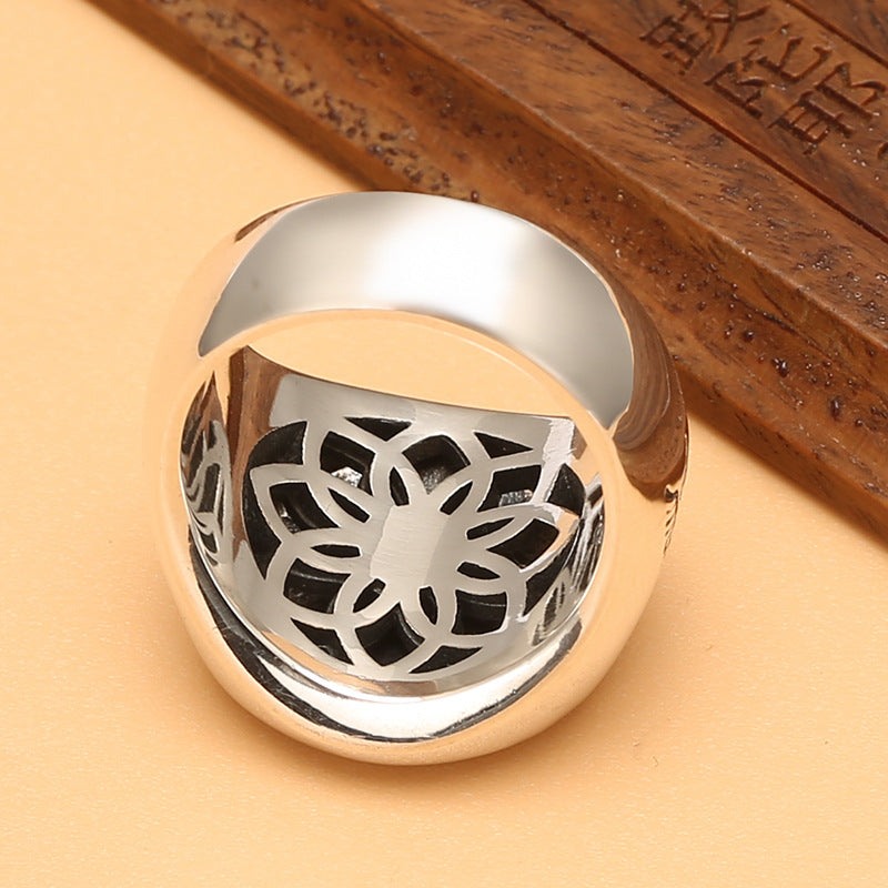 S925 Pure Silver Taoist Bagua White Tiger Retro Zodiac Tai Chi Ring