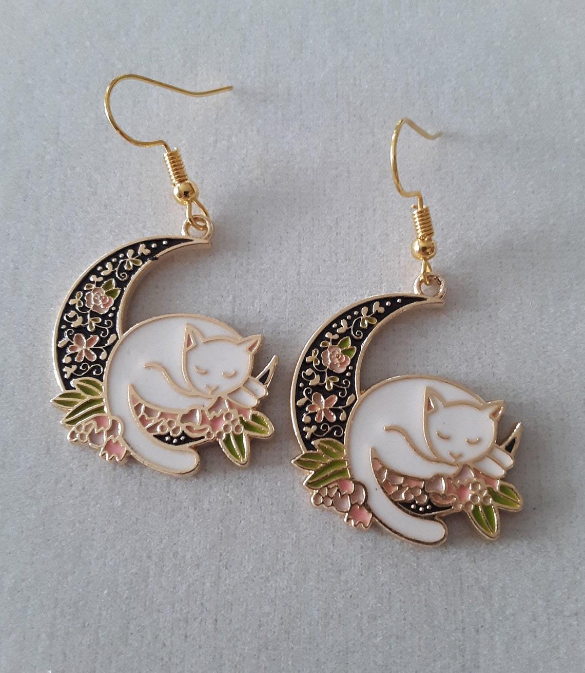 Bohemian-style Cat Earrings With A Moon Design