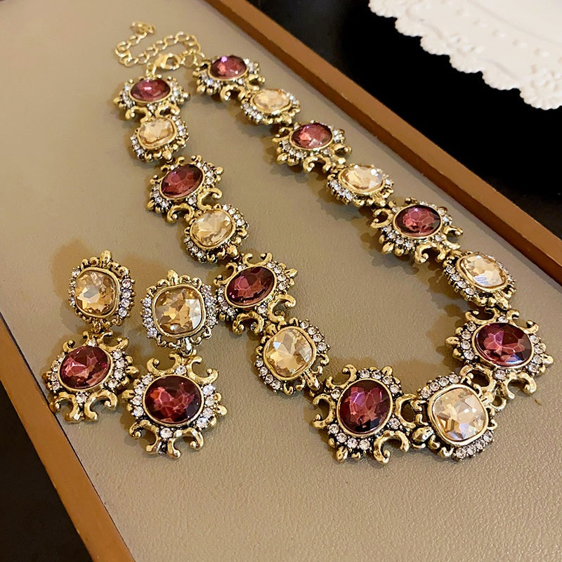 Retro Square Patchwork Diamond-Encrusted Necklace Set