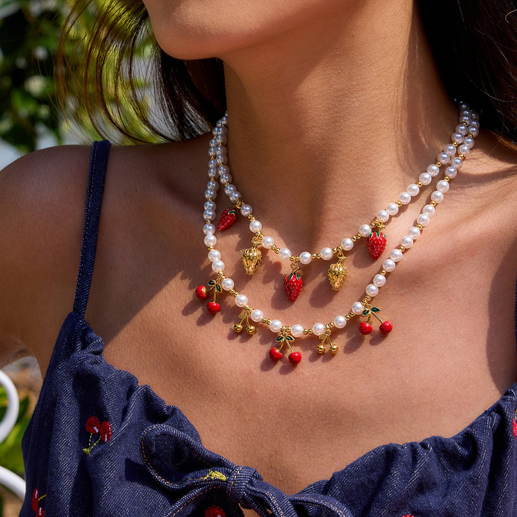 Romantic 18K Gold Stainless Steel Pearl-drip Cherry Pendant Stainless Steel Necklace
