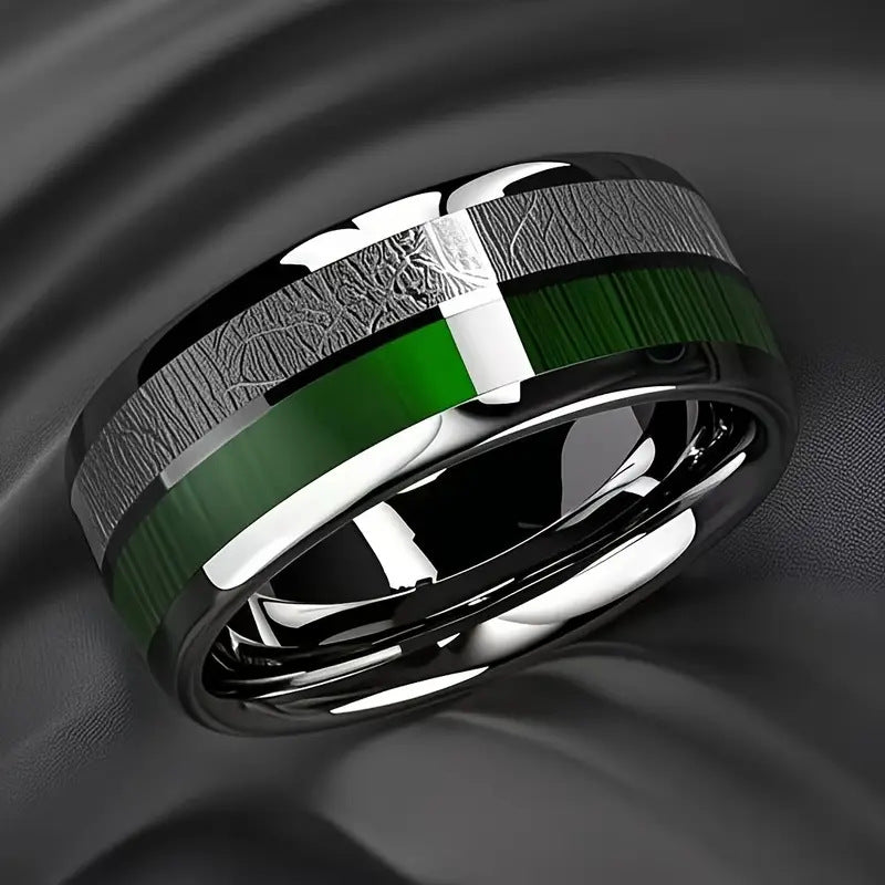 Men's 8mm Stainless Steel Ring Inlaid With Green Marble