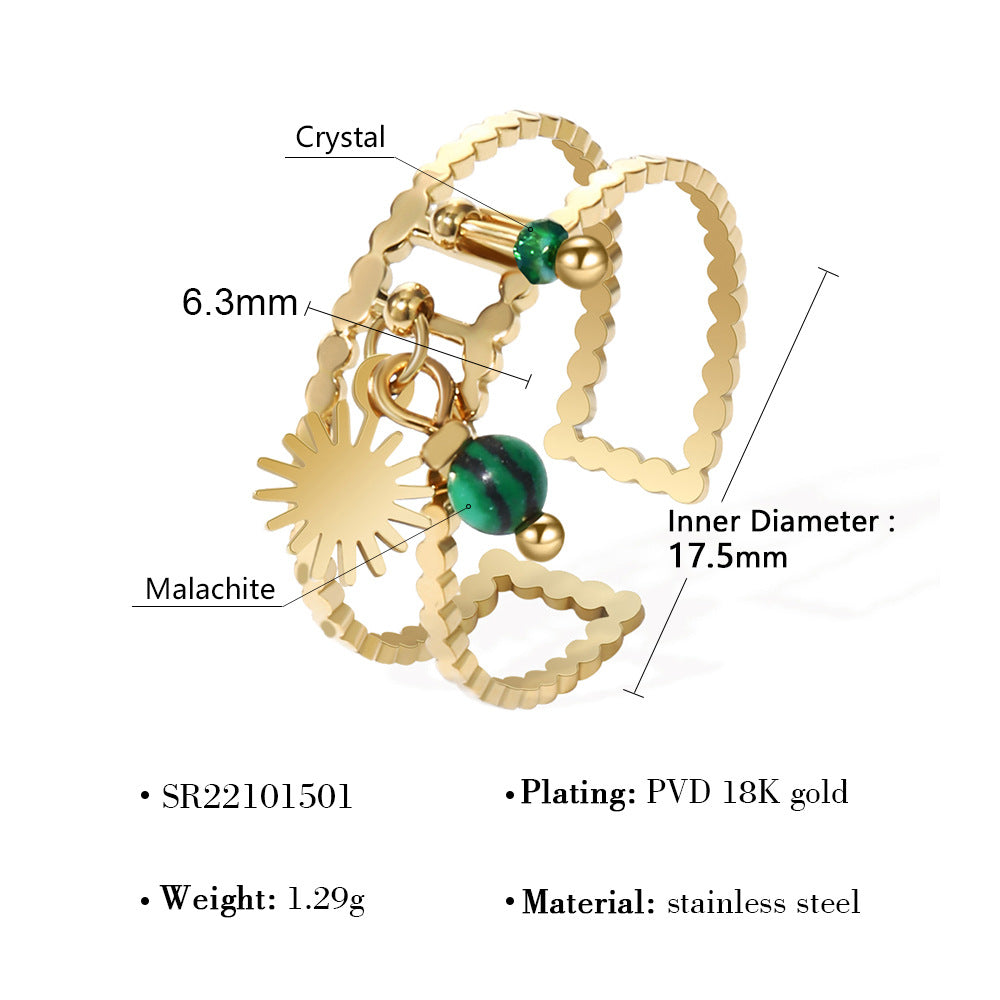 Womens French Retro-Style Natural Malachite Titanium Steel Ring