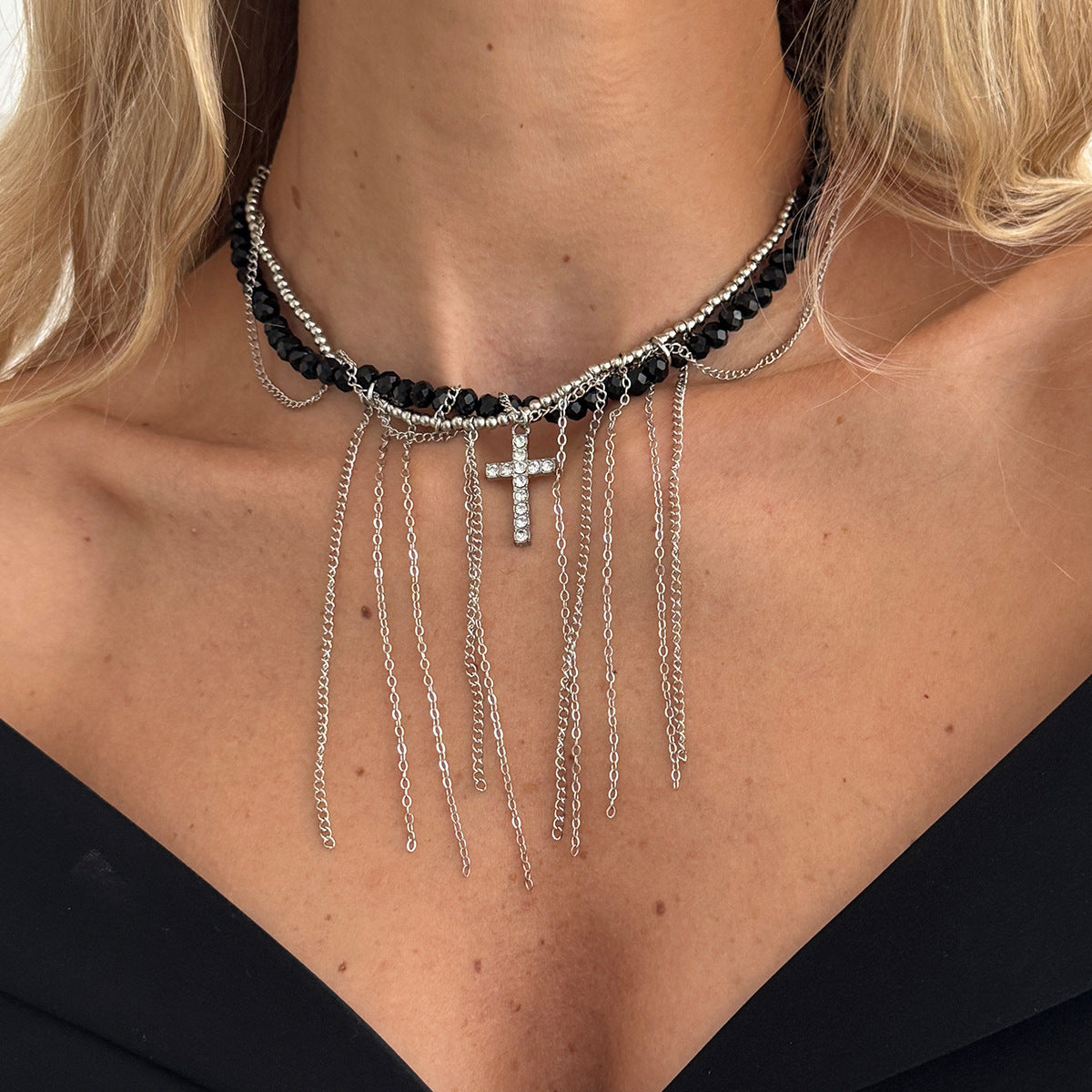 Cool Minimalist Cross Tassel Heart Pearl Necklace