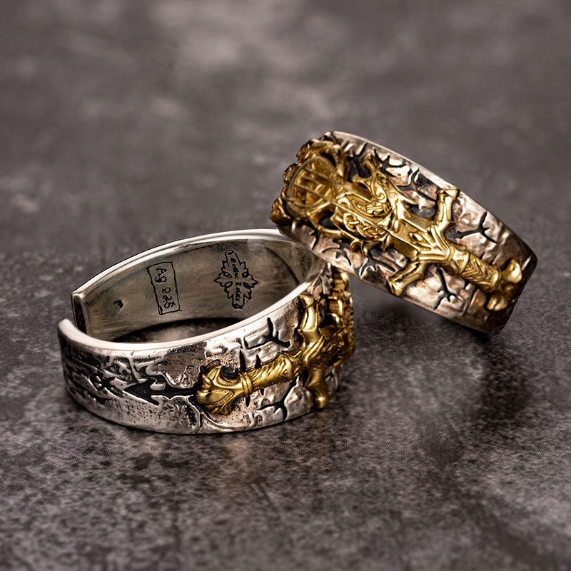 Dragon Sword Flower Viking Silver Ring Trendy