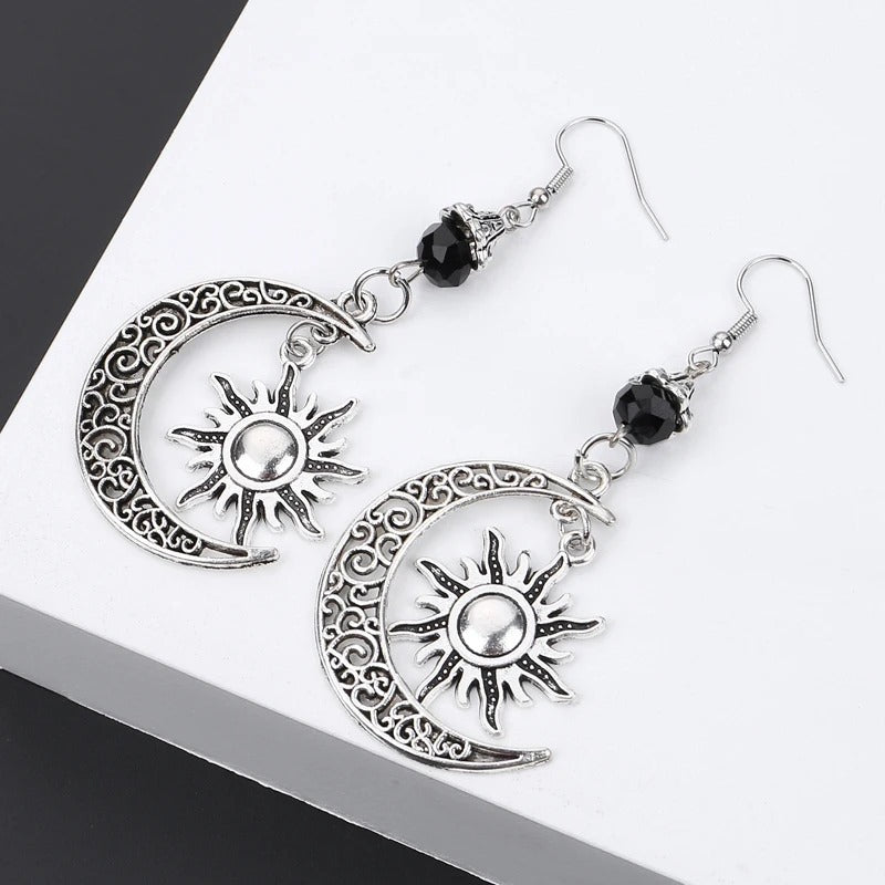 Antique Silver Openwork Moon Pendant Earrings